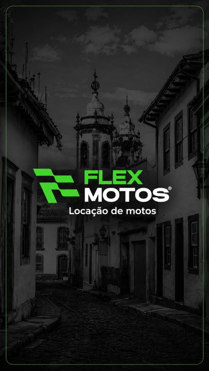 Flex Motos — Locação de motos, com o casario e a igreja de São João del-Rei ao fundo